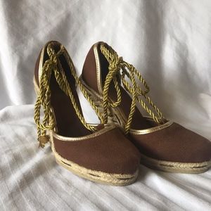 Colin Stuart Brown Gold Ankle Wrap Espadrille Wedg